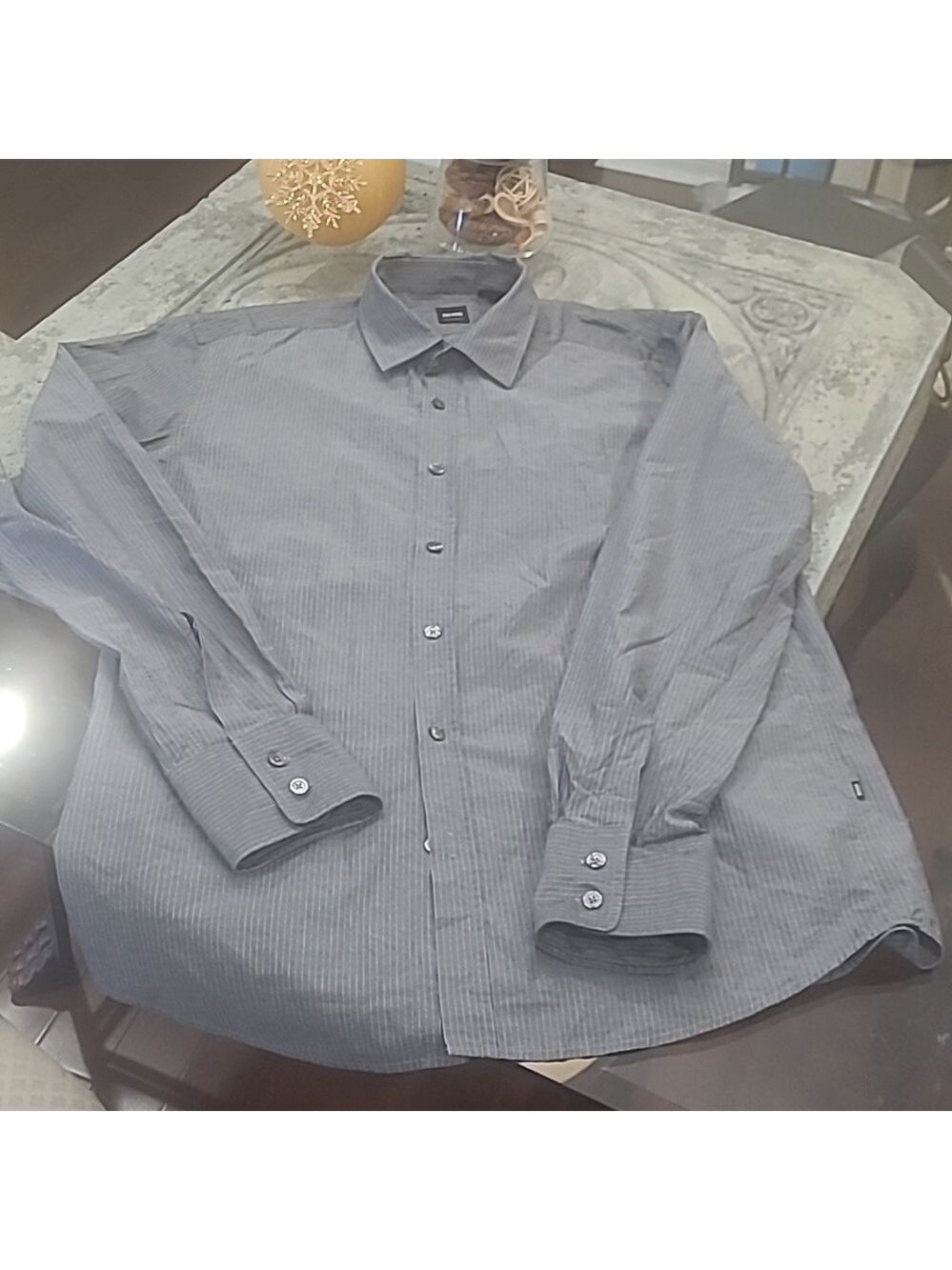 HUGO BOSS MEN'S GRAY STRIPPED DRESS FORMAL LARGE SHIRT